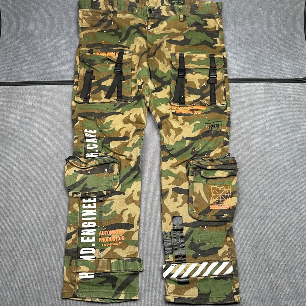 Smoke Rise Mens Camo Cargo Pants Lazy Fit Streetwear Tactical 42x32 Green Orange